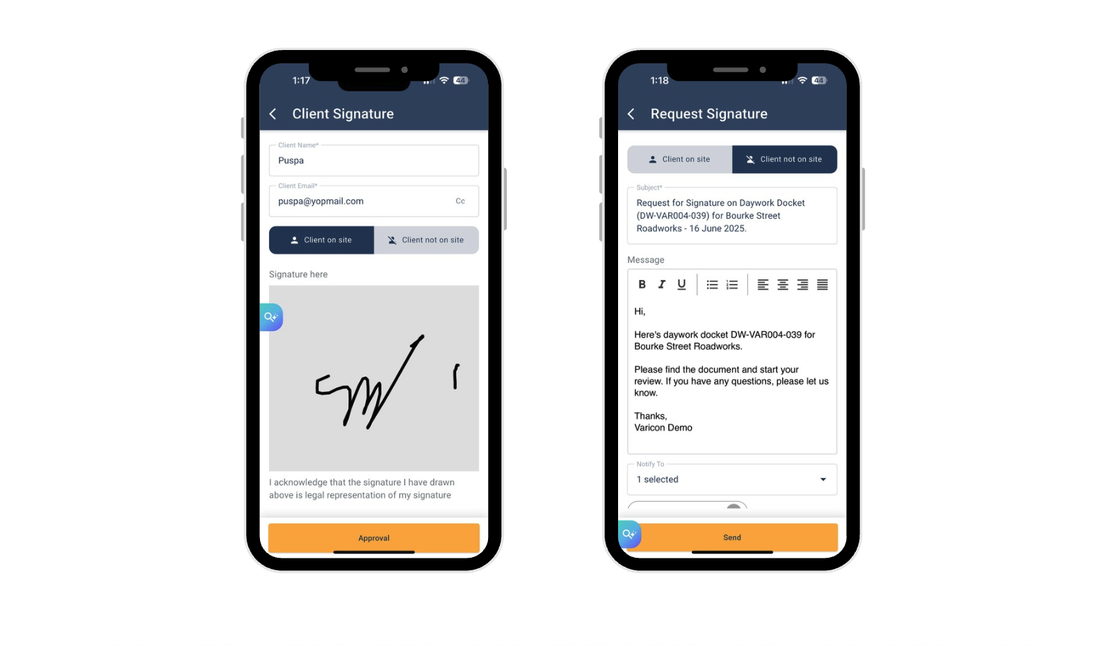 customer approval in varicon app